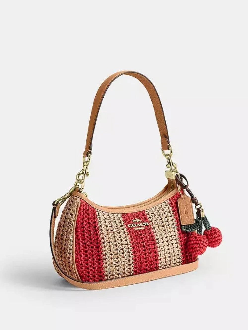 Coach Red & Natural Straw Crochet Shoulder Bag with Cherry Charm